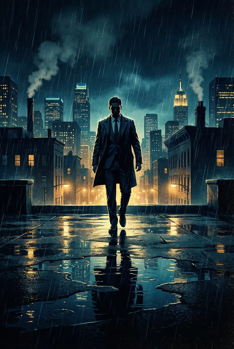 月光视频在线观看片 出品影片《雨夜独行者》海报，雨中城市屋顶男性剪影